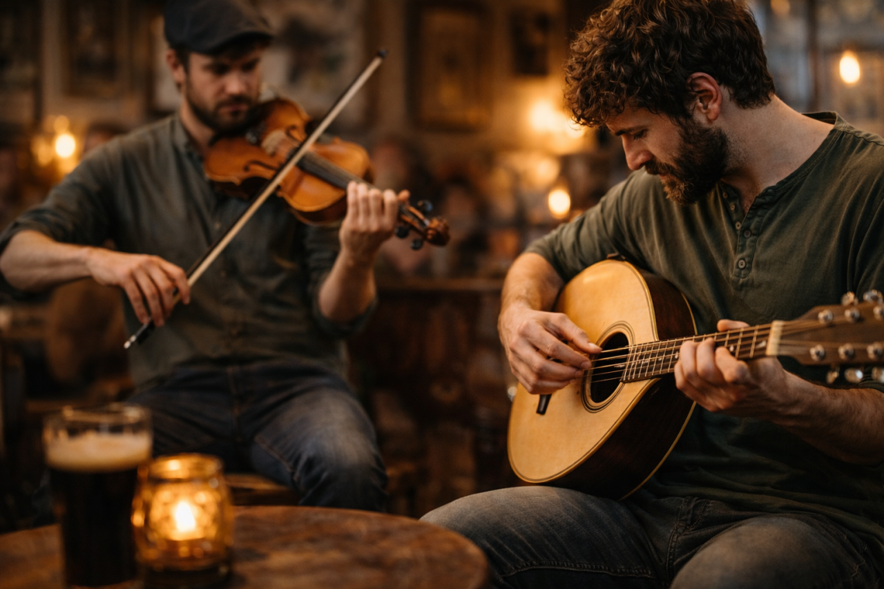 Irish bouzouki and fiddle players performing together in a traditional Irish pub session